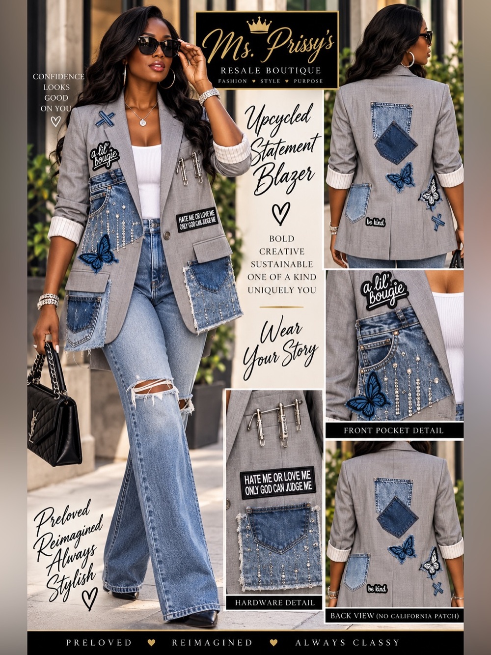Kay’s Custom Kloset Men's Blazer Upcycled with Denim Patchwork